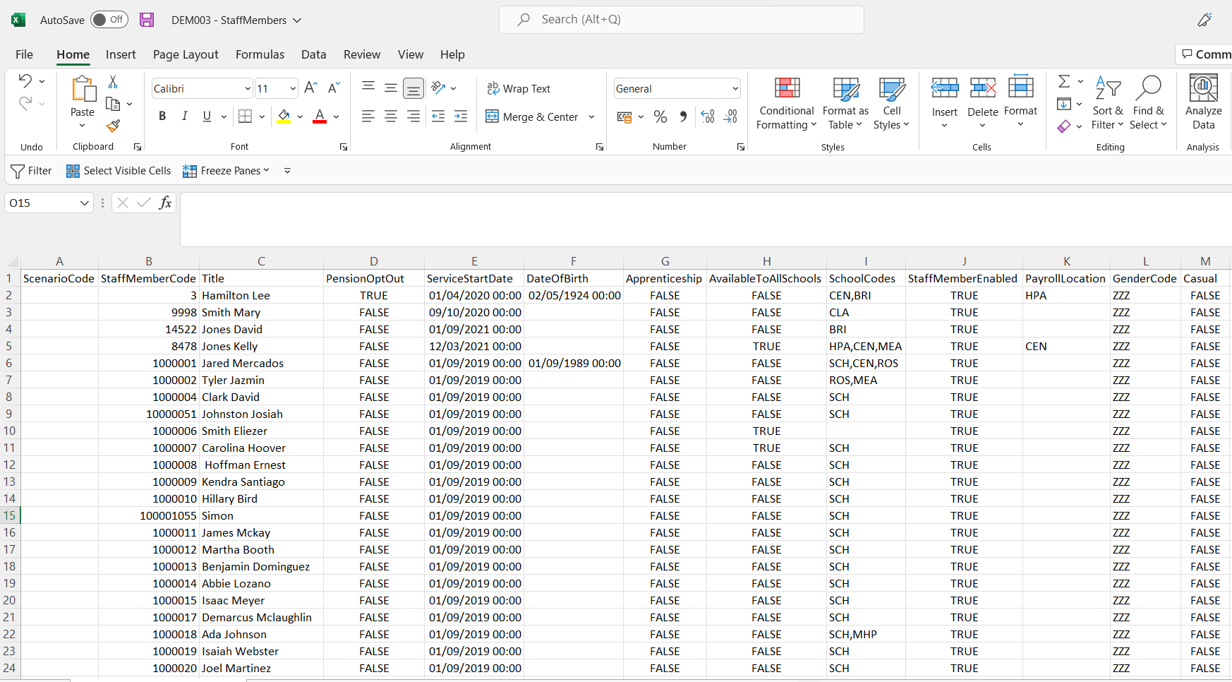 Screenshot showing the exported Staff Members CSV file opened in Excel with column headers and data rows.